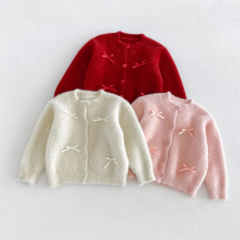 Kids Christmas Sweater Solid Color Bow Warm Autumn Winter Children Outerwear Clothing Fashion Toddler Girl Cardigan
