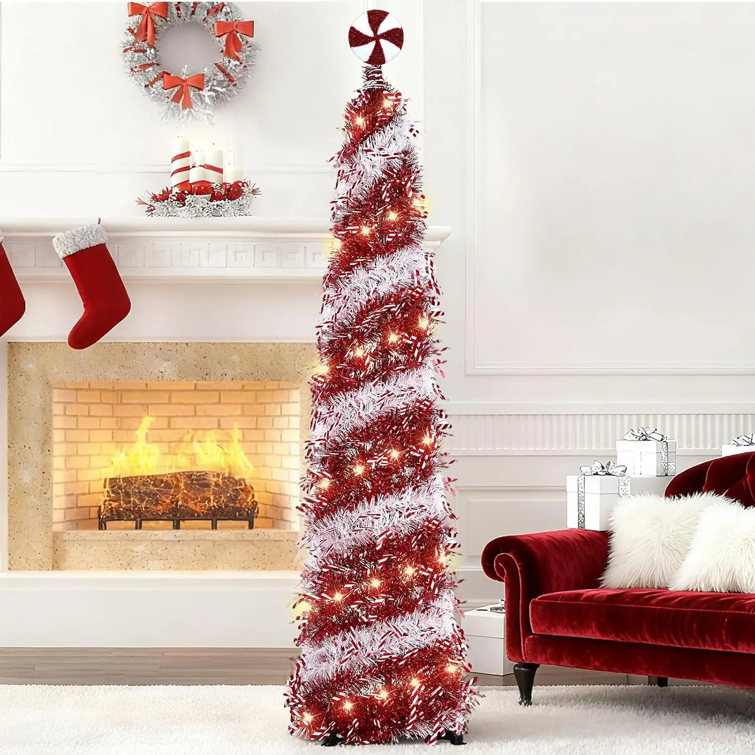 

5-футовая всплывающая рождественская елка с огнями и конфетным топпером, тонкая елка с красной мишурой для рождественского декора в помещении и на открытом воздухе