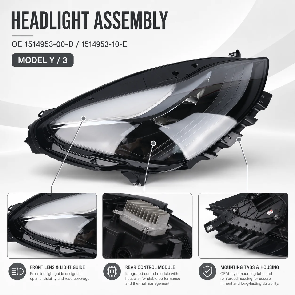 LinTech EV Parts Accessories Certified  High-Performance Shockproof LED Headlight 1514953-00-D/1514953-10-E for Model Y/3