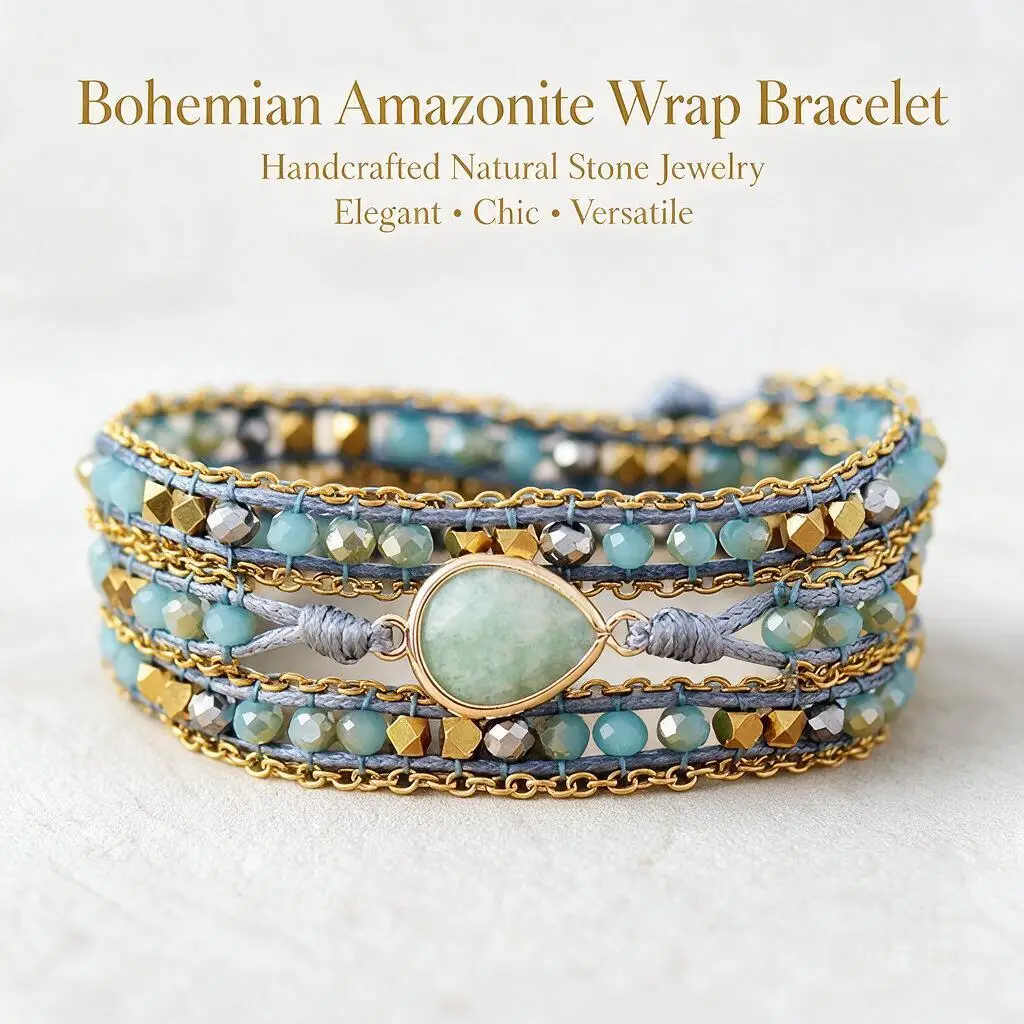 Custom Handmade Boho Amazonite Teardrop Crystal Multi Layer Wrap Bracelet Woven Beaded Leather Cord Jewelry For Women Daily Wear