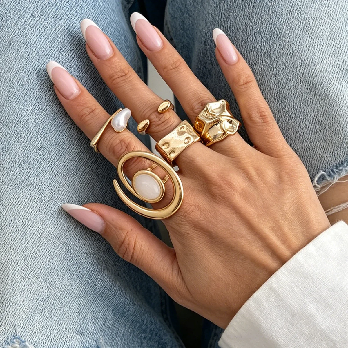 Ring Collection French Vintage Faux Pearl Stacked Hammered Textured for Women Office Premium Durable Elegant Versatile Jewelry