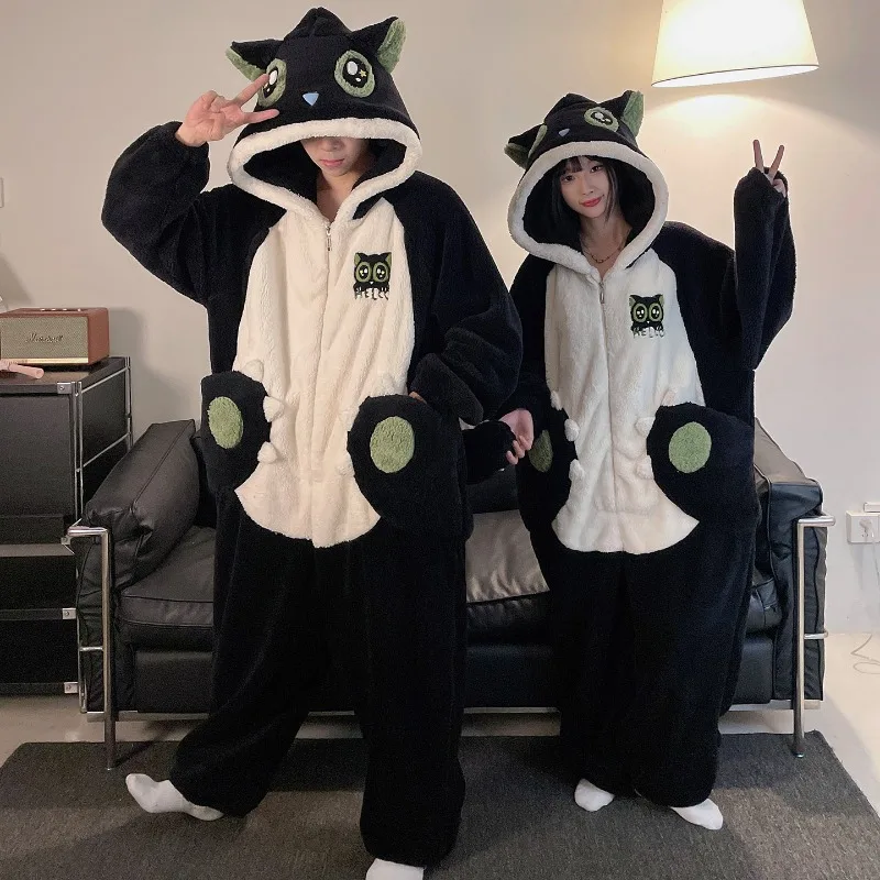 Kigurumi Adults Couples Pajamas Kawaii Cat Onesie Thick Hooded Sleepwear Woman Men One-Piece Homewear Winter Plush Loungewear