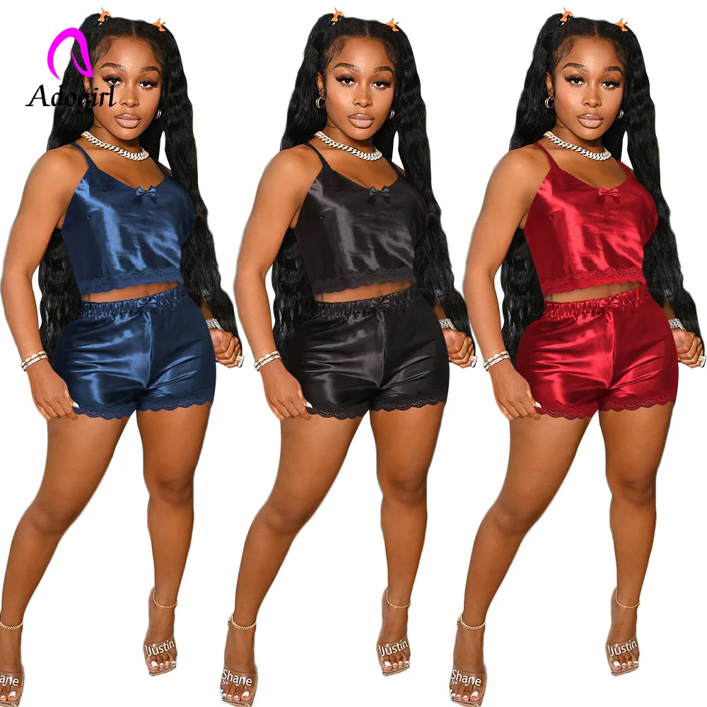 

Satin Women Pajama Set Spaghetti Straps Camis Soft Shorts Matching Set 2022 Summer Sexy Lace Stitching Home Suit 2 Piece Set