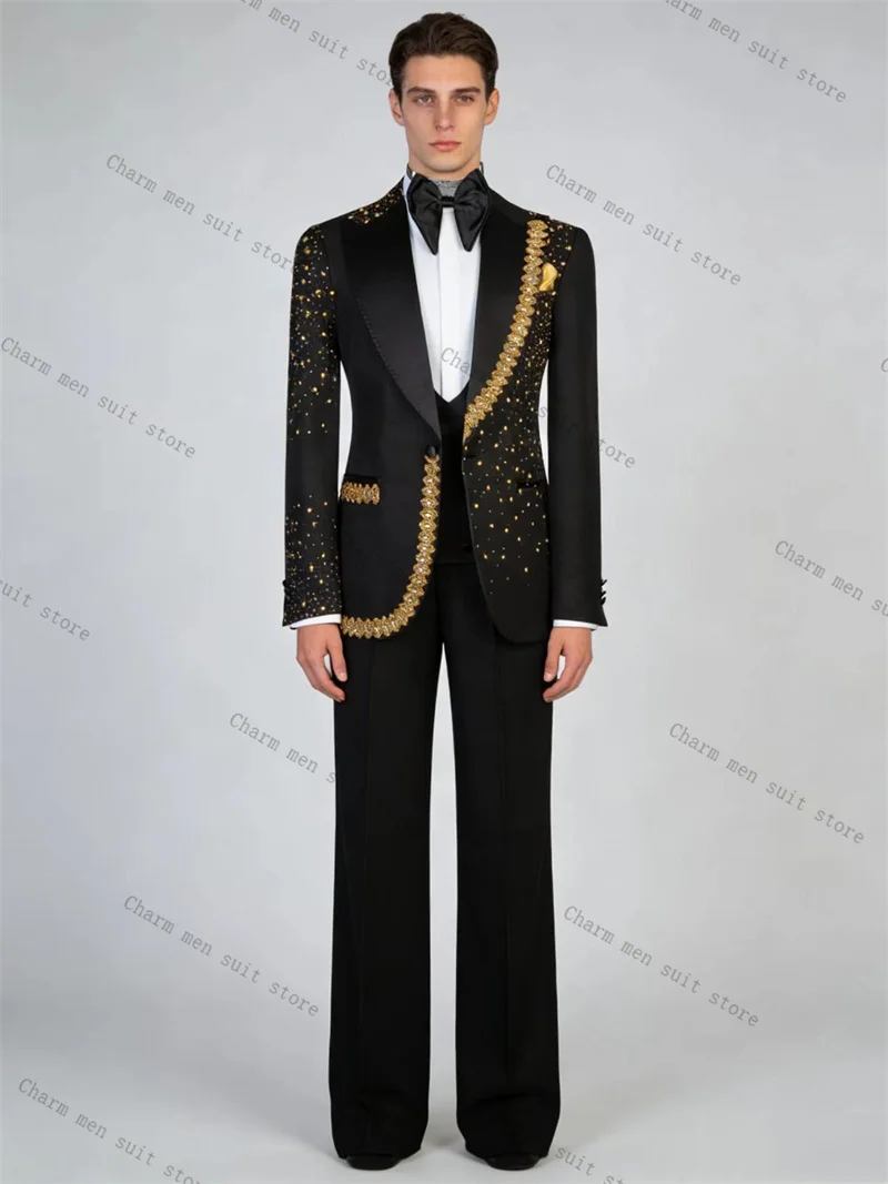 

Black Crystals Men Suits Set 2 Pcs Blazer+Cotton Pants Trousers Black Wedding Tuxedo Formal Office Business Groom Jacket Coat