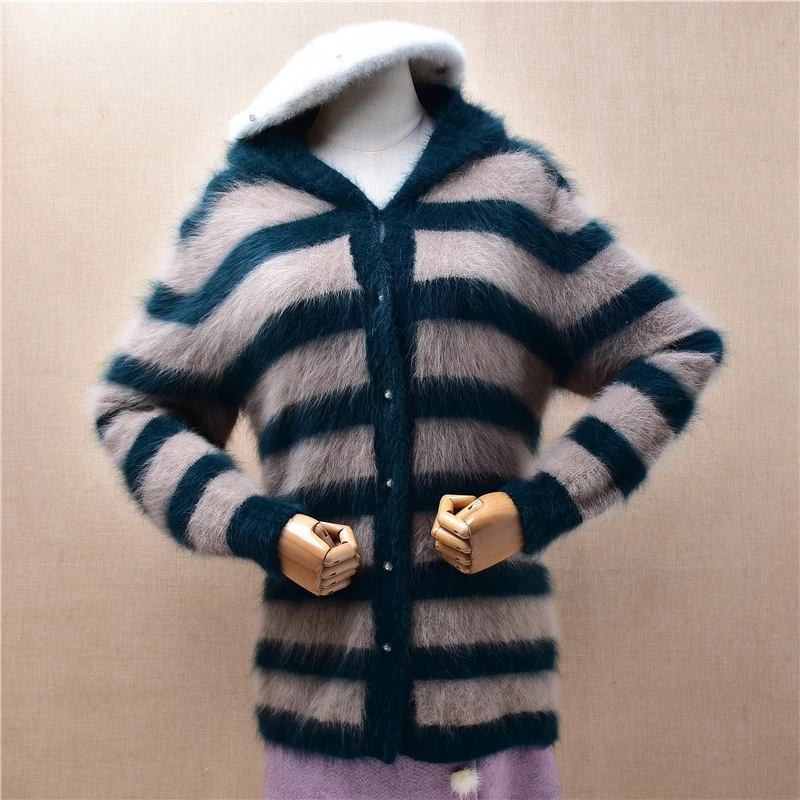 

Повседневная мода для женщин, осень-зима, волосатый норковый кашемировый вязаный свитер с капюшоном и длинными рукавами, тонкий кардиган, свитер, куртка, топы