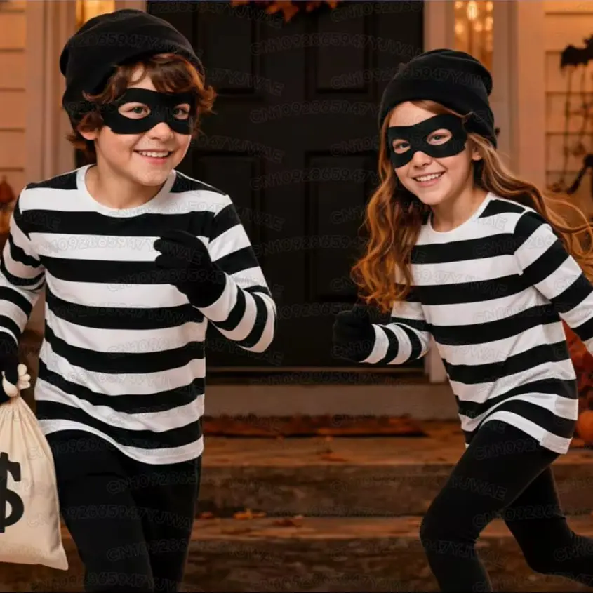 Kinder-Räuber-Kostüm, Gestreiftes Langarm-T-Shirt, Halloween-Dieb-Cosplay-Kostüm, Jungen-Mädchen-Erwachsenen-Eltern-Kind-T-Shirt – Detail 8