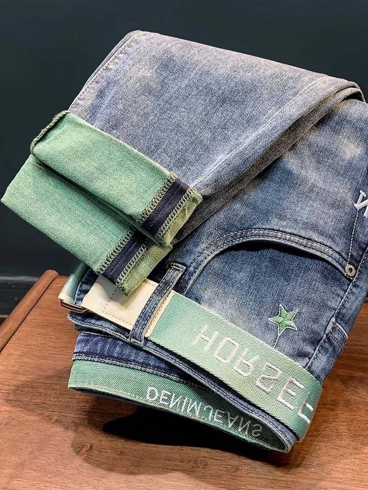 Wysokiej klasy jeansy męskie wiosna/lato 2025 cienkie haftowane nadruki koreańska wersja mikroelastyczne spodnie z małymi nogawkami