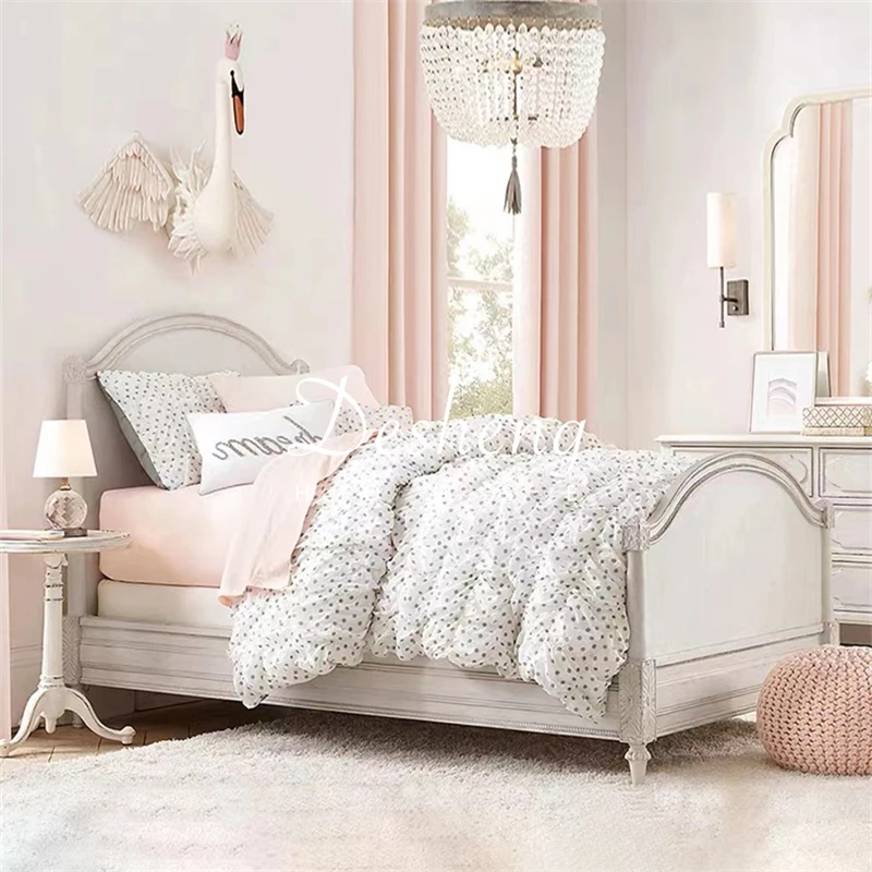 French retro old solid wood bed children's bed American simple white girl princess bed 1 meter 1.2 meters household