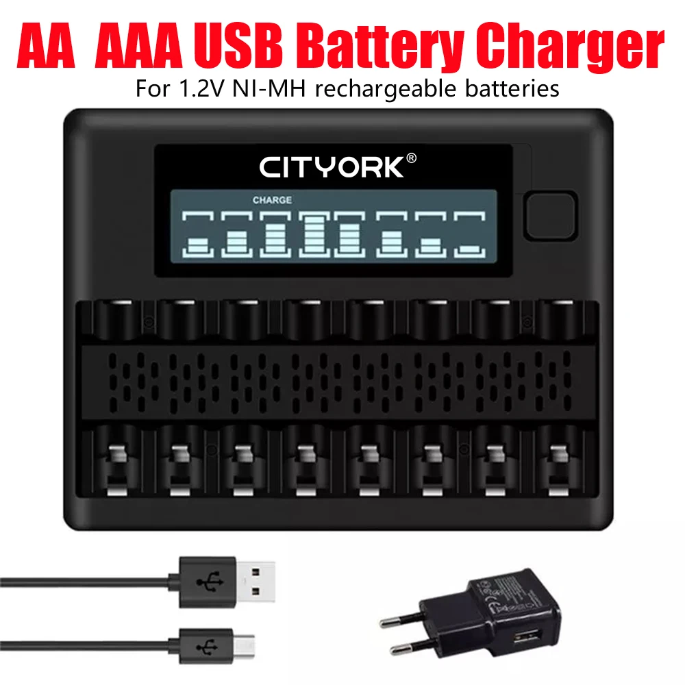 

CITYORK 8 Slots LCD Smart AA AAA Battery Charger For 1.2V AA/AAA I-MH NI-CD Rechargerable Battery 2A 3A Fast USB Battery Charger