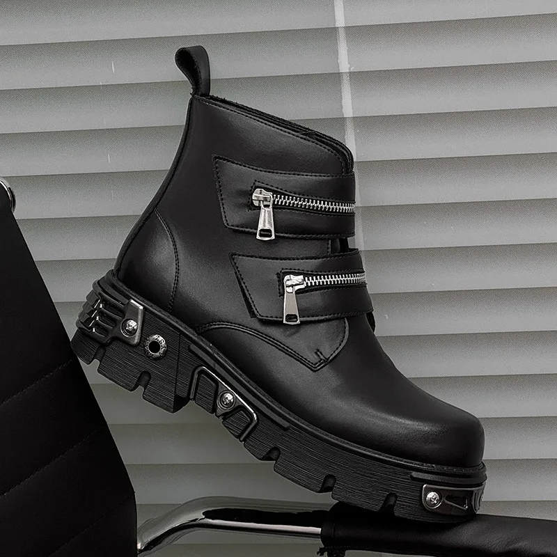 men luxury fashion stage nightclub genuine leather boots black designer shoes cowboy platform boot handsome motorcycle botas man