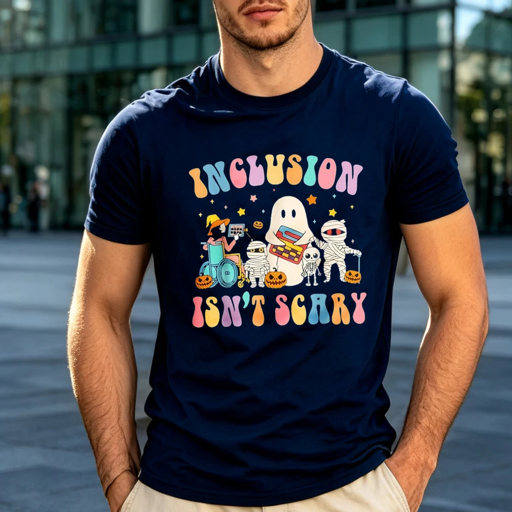 Inclusion Isn't Scary Tshirt Sped Teacher Halloween Ghost Mummy Skeleton Pumpkin Graphic Tees Short Sleeve Holiday Party Man Top