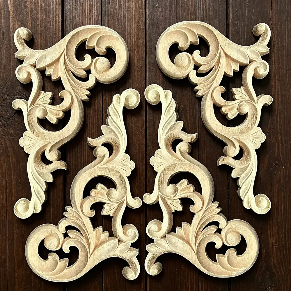 4PCS Floral Wood Carved Decal Corner Applique Decorate Frame Wall Doors Furniture Wooden Figurines Cabinet Decorative Crafts