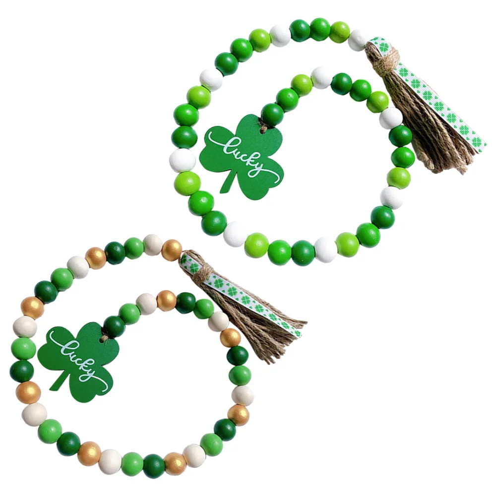 2 Pcs Garland Four Leaf Beads St Patrick's Day Wooden Patricks Tiered Tray Decorations Rope Beaded Hanging Tassel