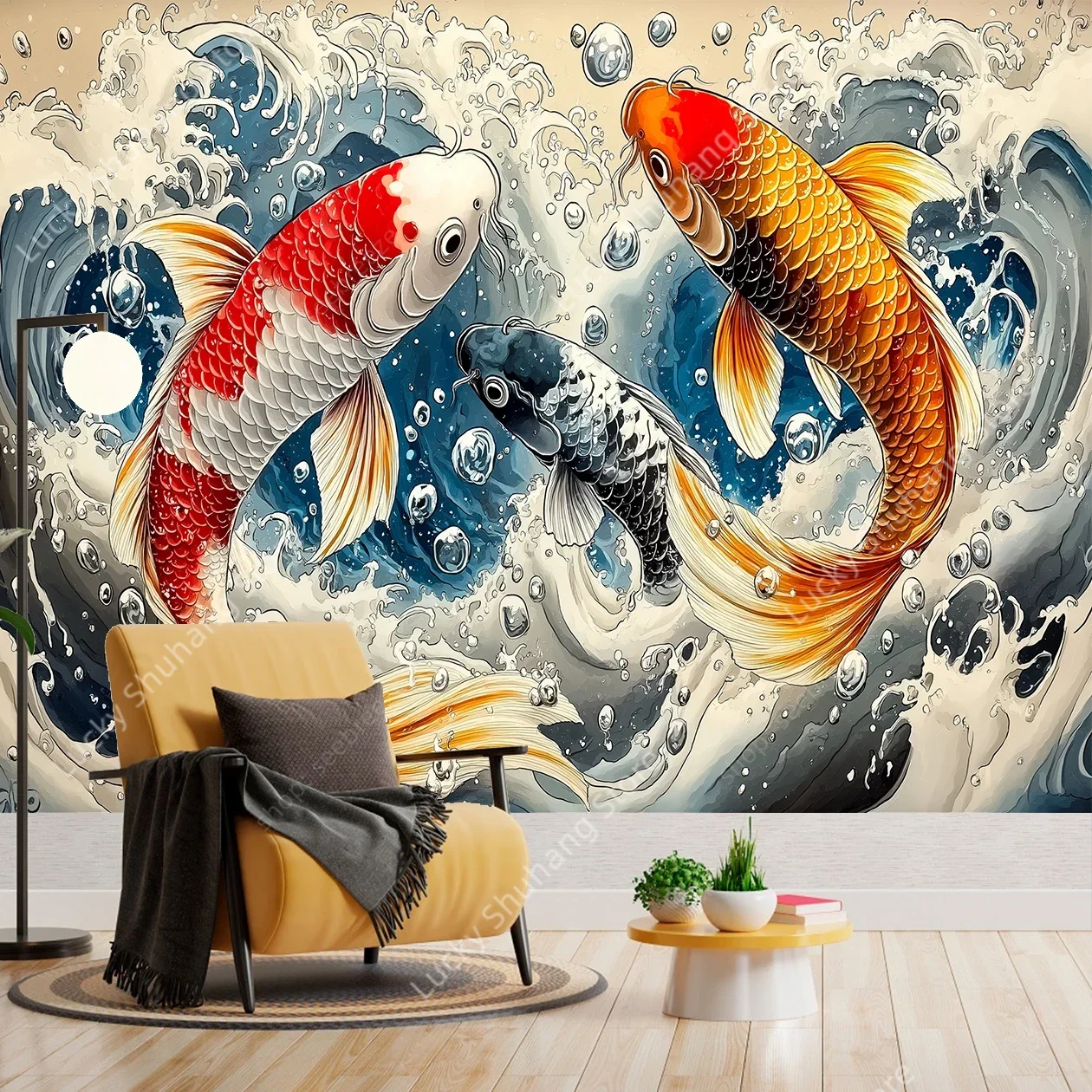 Koi Fish Swimming Tapestry Japanese Inspired Wall Art for Home Decor Zen Style Living Room Bedroom Watercolor Koi Design