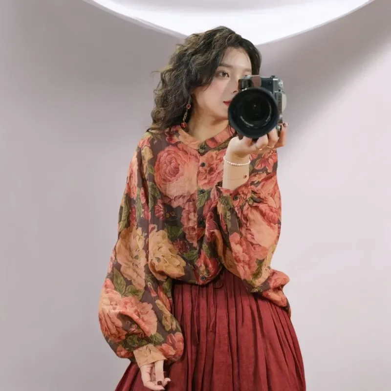 

Women's Vintage Floral Print Ramie Shirt Stand Collar Long Sleeve Loose Fit Retro Casual Blouse