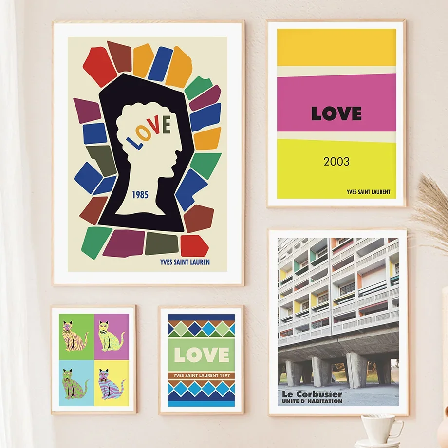 الحديثة الملونة هندسية المرجان القط الحب معرض المشارك وطباعة الرسم على لوحات القماش الجدارية جدار صورة لغرفة المعيشة ديكور