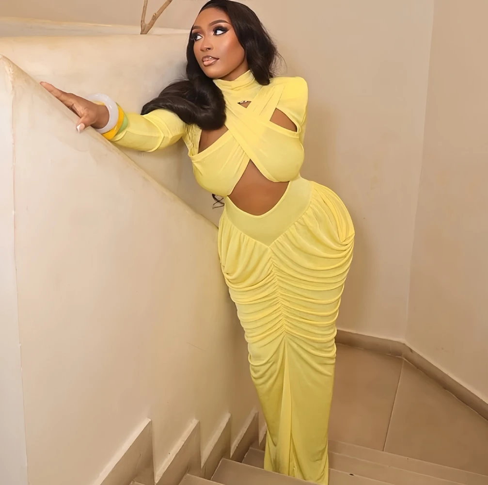 Women's High Neck Solid Full Sleeve Hollow Out Ruched Maxi Dress New Arrivals 2026 Streetwear Sexy Party Birthday Long Dresses - Image 2