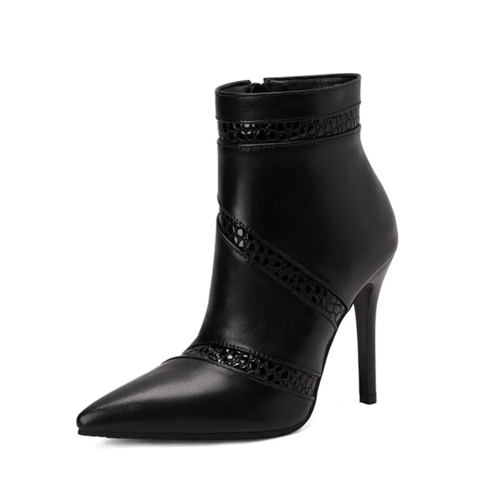 

BLXQPYT Black Ankle Boots Women Sexy Fashion Pointed Toe Inner Zip Stiletto Heels 11CM Dress Party Booties Big Size 47 48 2004