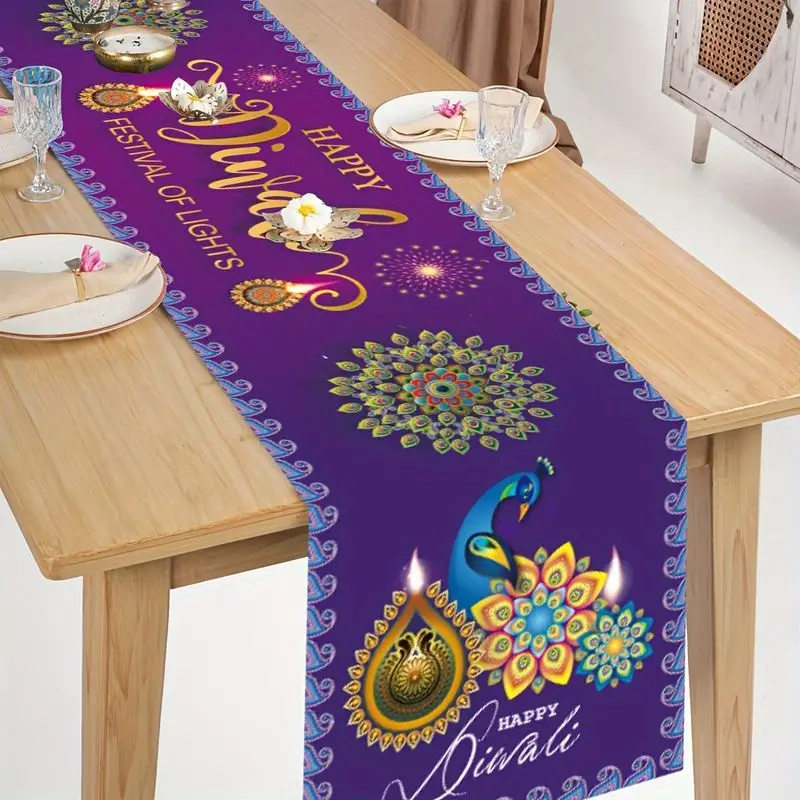 VIKAMA Happy Diwali Table Runner Ethnic Peacock Tablecloth for Kitchen Dining Room Home Festival Decoration