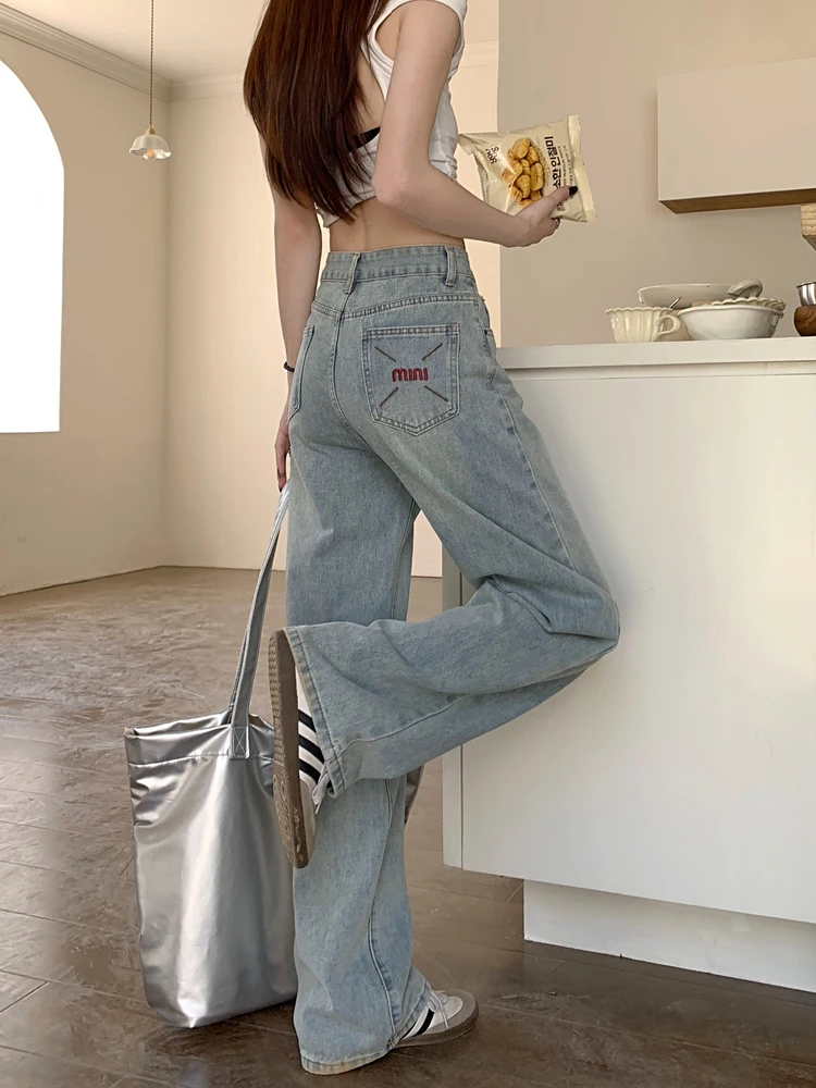 

High Waist Wide Leg American Style Jeans Women's Straight Cut Slimming Floor Length Draping Narrow Version Casual Spring