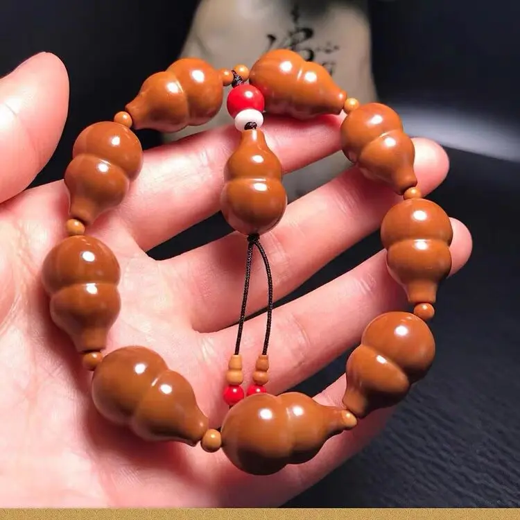 Chinese Auspicious Gourd Carved Natural Olive Nut Beaded Bracelet Traditional Wenwan Prayer Beads Wristband For Luck Wealth Bles