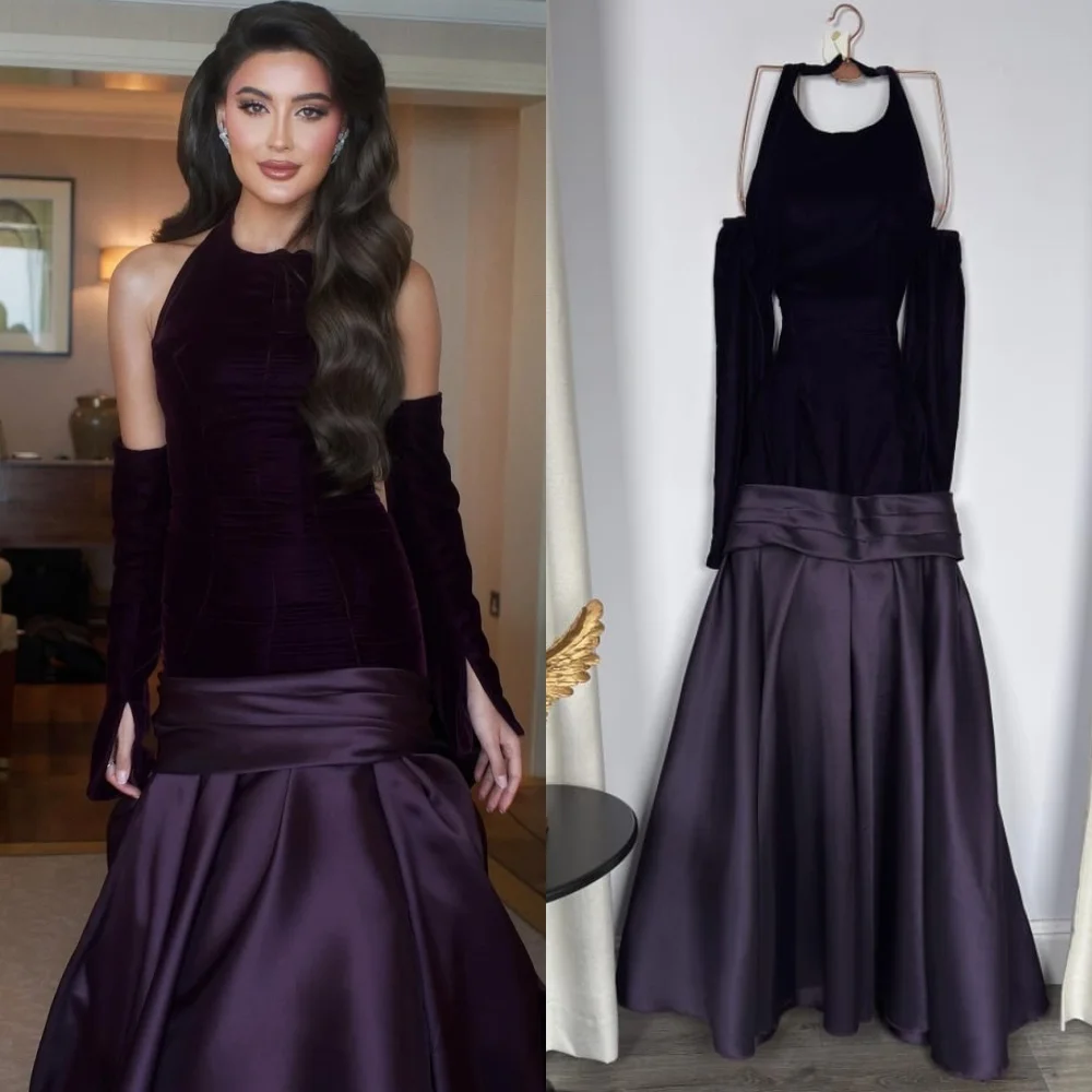 

Customized Pastrol Velour Pleat Mermaid Halter Long Dresses Bespoke Occasion Celebrity Retro High Quality Sparkle