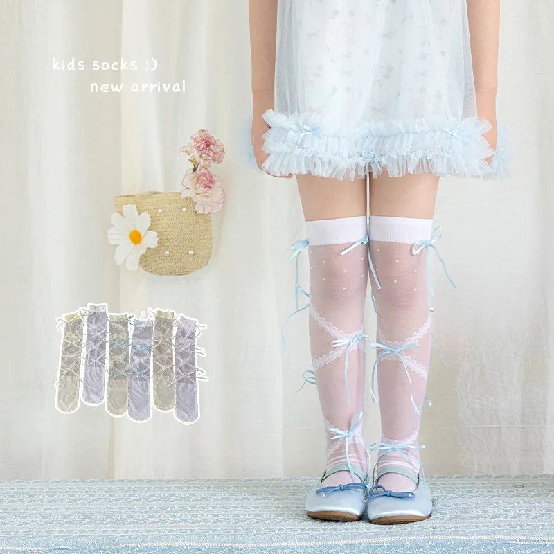 1 Pair Summer Mesh Lolita Bow Stockings for Kids Girl  Sweet Bow Ribbon Fashion Thin Mesh Knee High Socks Korean for Children