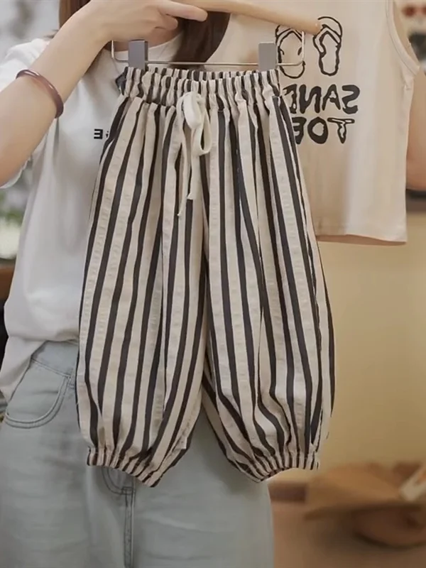 

Новые летние повседневные брюки-шаровары для мальчиков и девочек 2025 года, полосатые, универсальные, для кондиционированных помещений, детская одежда, летний комплект для малышей