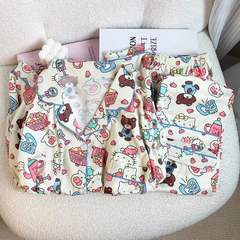 2024 New Kawaii Sanrio Hello Kitty Bear Pajama Set Women\'s Long Sleeve Long Pants Pajamas Home Clothes Set Holiday Gift