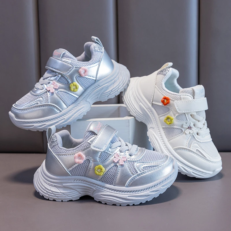 Girls Mesh Sneakers Colorful Embroidery Flower Magic Tape Thick Sole Breathable Children Casual Running Shoes