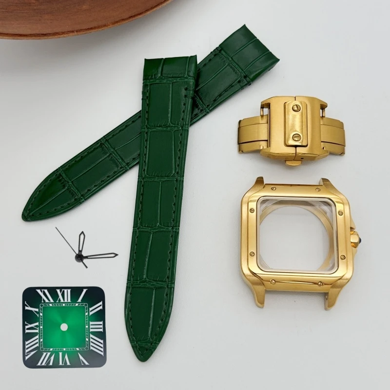 Top 38mm Gold Black Square Watch Case Leather Strap for Sandoz NH36 NH35 NH70 Movement 27mm Watch Dial Hands Repair Modification