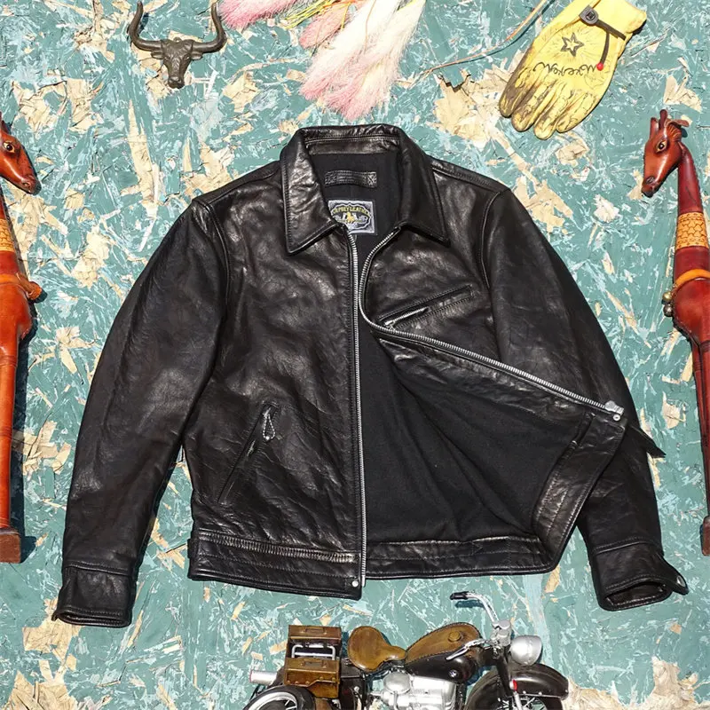 Men Mulholland Drive Lapel Leather Jacket, Water Wave Grain Top Grain Oiled Wax Horsehide Slim Fit Genuine Leather Outerwear