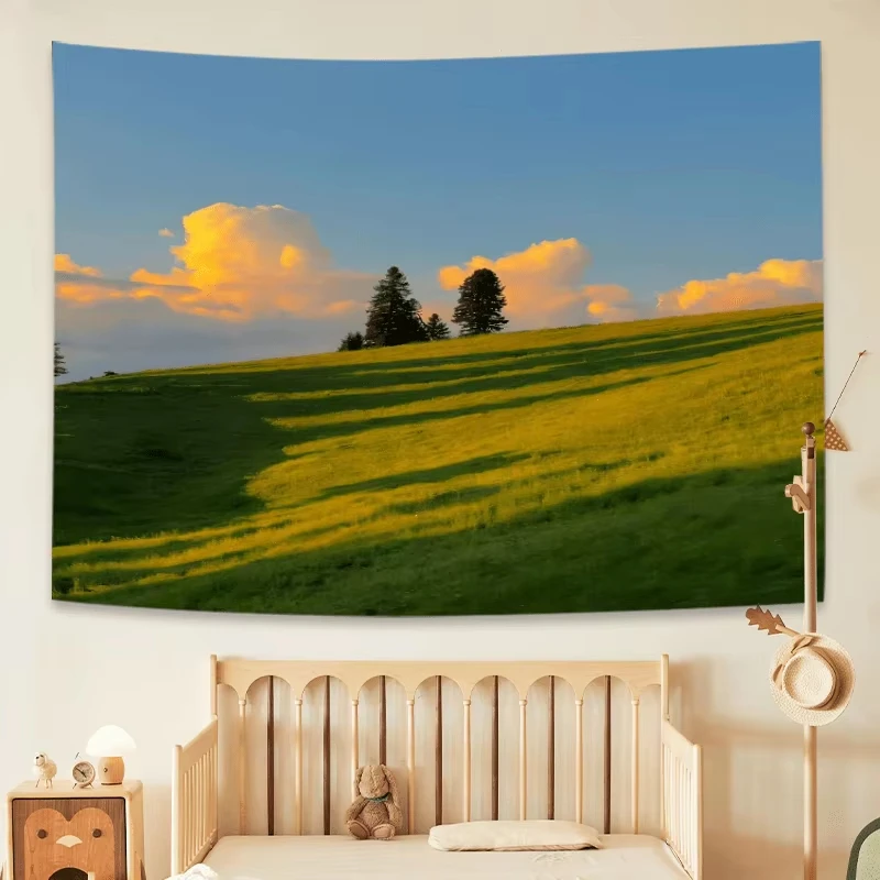 Healing Nature Tapestry, Soft Gradient Clouds and Grass for Calming Bedroom Sanctuary Wall Art