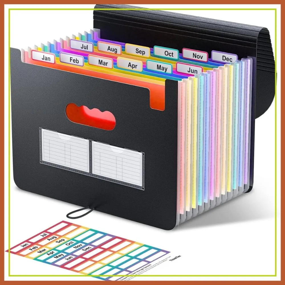 

12-Pocket Expanding File Folder, Accordion Organizer for Receipts, Bills & Taxes, Letter/A4 Size, Colorful Tabs - Black