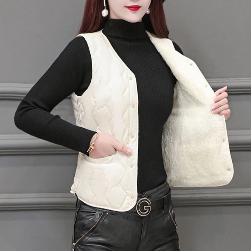 2023 Winter Women Fashion Elegant Slim Sleeveless Down Cotton Padded Coat Lamb Warm Vest Jacket Solid Button Outerwear Waistcoat