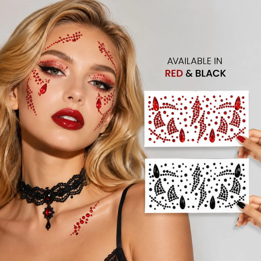 1Pc Halloween Themed Face Rhinestone Gems Red Black Two‑Styles Mixed‑Size Blood‑Tear Crystal Decals For Ladies Carnival Cosplay