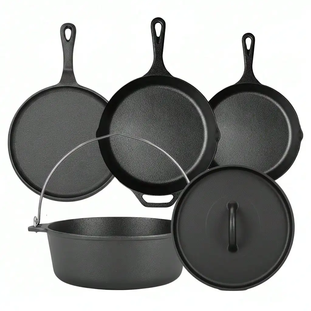 PACILACK Cast Iron Pots And Pans Set, 4‑Piece Pre‑Seasoned Cast Iron Cookware Set With Skillets, Griddle & Dutch Oven, Camping Essentials For BBQ & Outdoor Cooking sh260818103571556071508