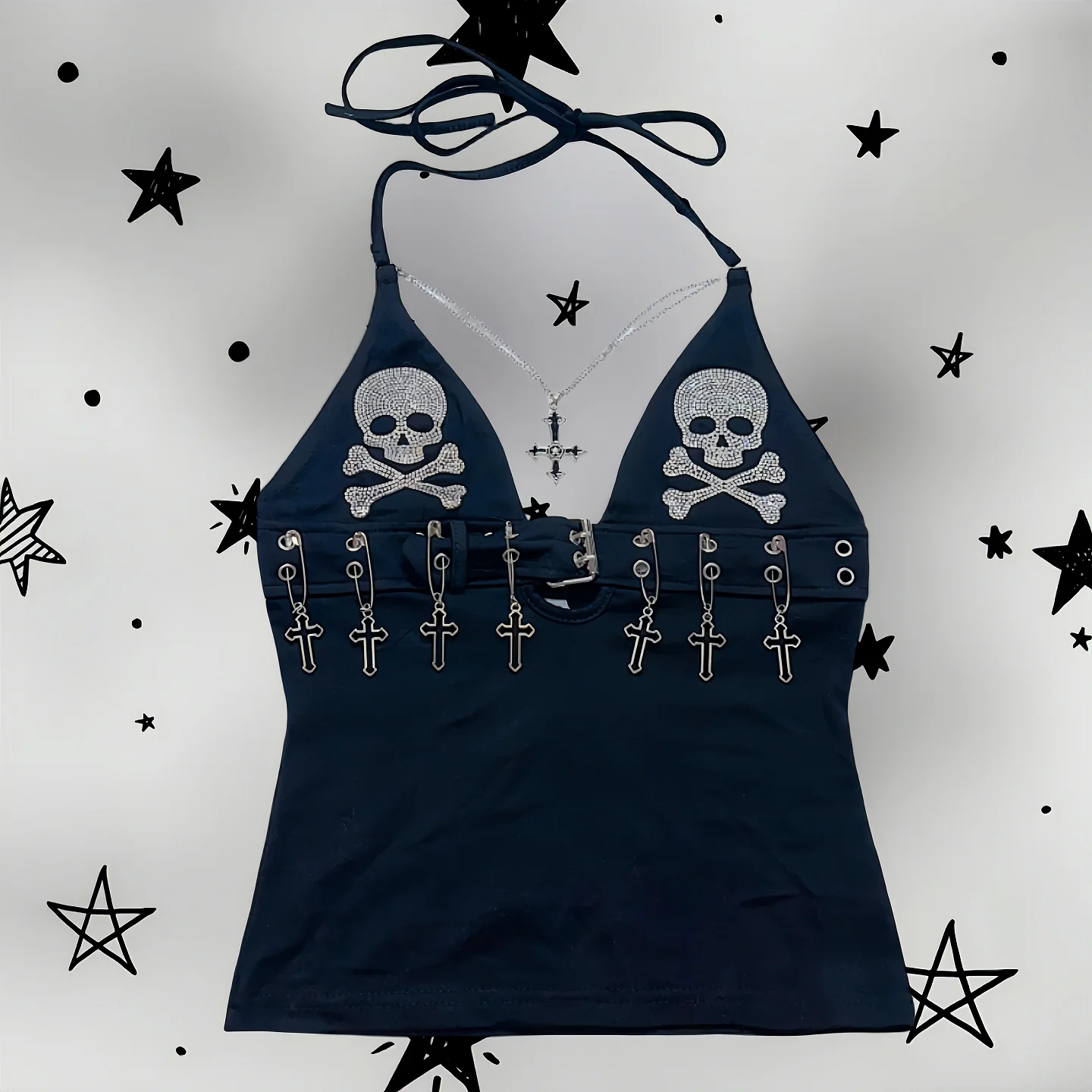 Y2K Subculture Japanese Original Hot Girl Sexy Top Punk Gothic Halter Skull Cross Strap Vest for Women
