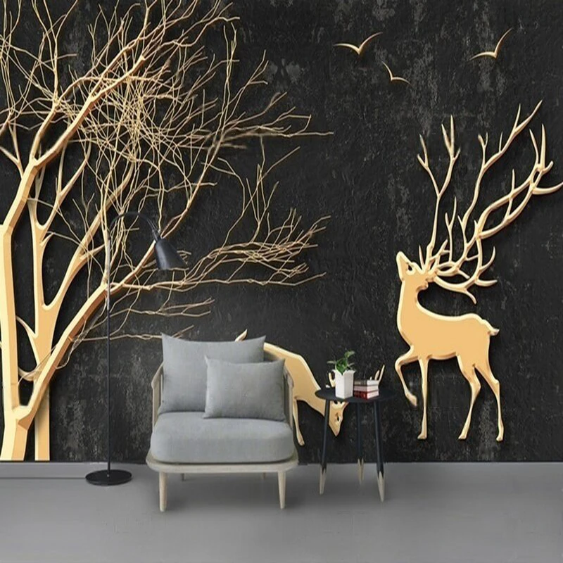 MU9102 Modern simple and elegant golden tree sika deer TV decorative background wall