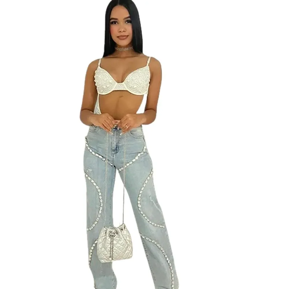 

Casual Women's Straight Leg Jeans New Fashion Diamond Splicing High Waist Wide Leg Pants Women's Fashion