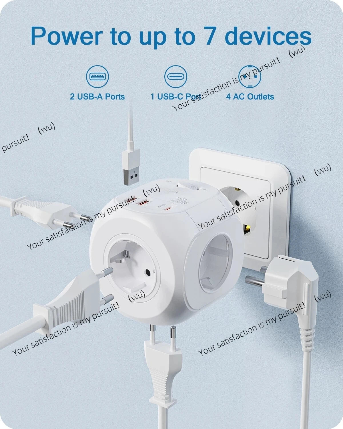 European standard plug wall socket extender with 4 AC ports + QC3.0 USB × 2 + 1 Type C PD 20W fast charging adapter