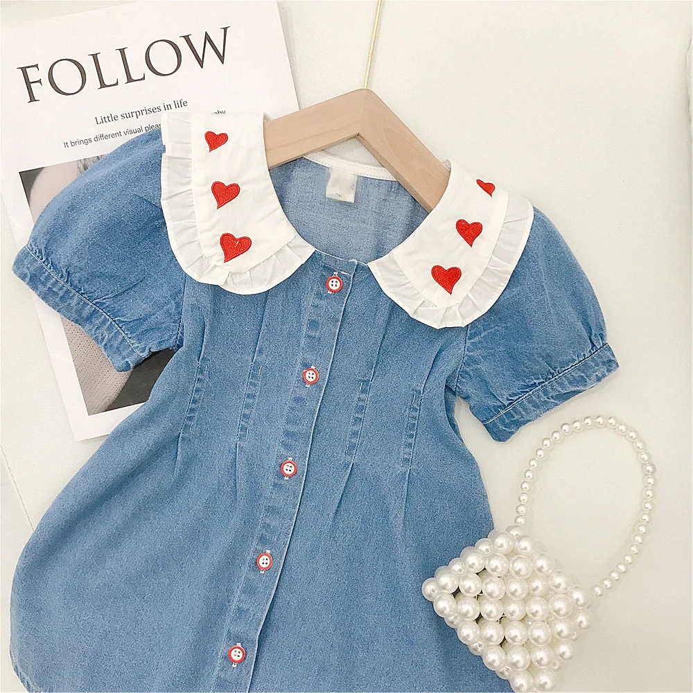 Fashion Kids Girls Denim Dress 2024 Summer Cute Love Print Peter Pan Collar Single-Breasted A-Line Dresses Children Clothing