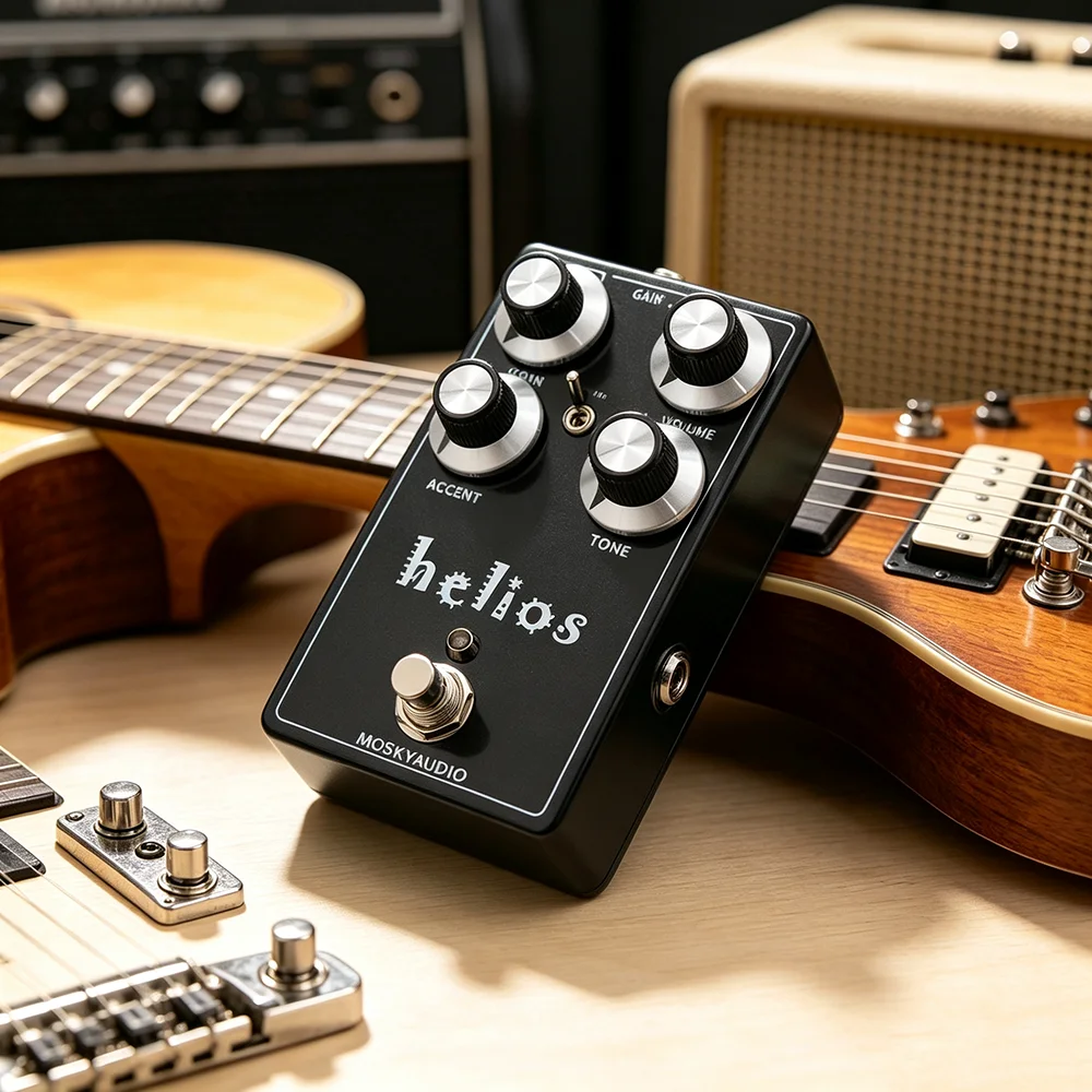 MOSKYAUDIO Helios Analog Guitar Overdrive Effect Pedal 3‑Stage Comp 808 Mode 9‑18V True Bypass Boost EQ Stompbox