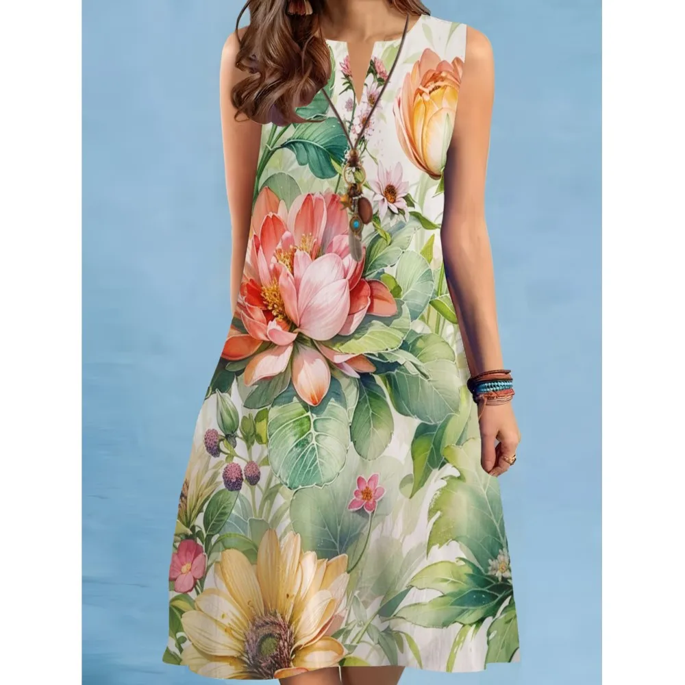 Vestido de vacaciones Retro con estampado Floral de verano para mujer, Vestido playero bohemio a la moda con cuello en V, vestido sin mangas para mujer 2025