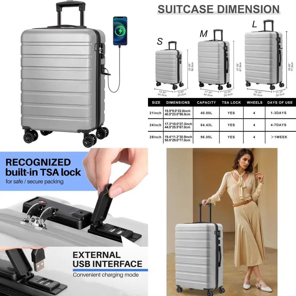 Lightweight ABS Hardside Luggage with USB, Wheels, TSA Lock - Large 28 Inch Silver Travel Suitcase