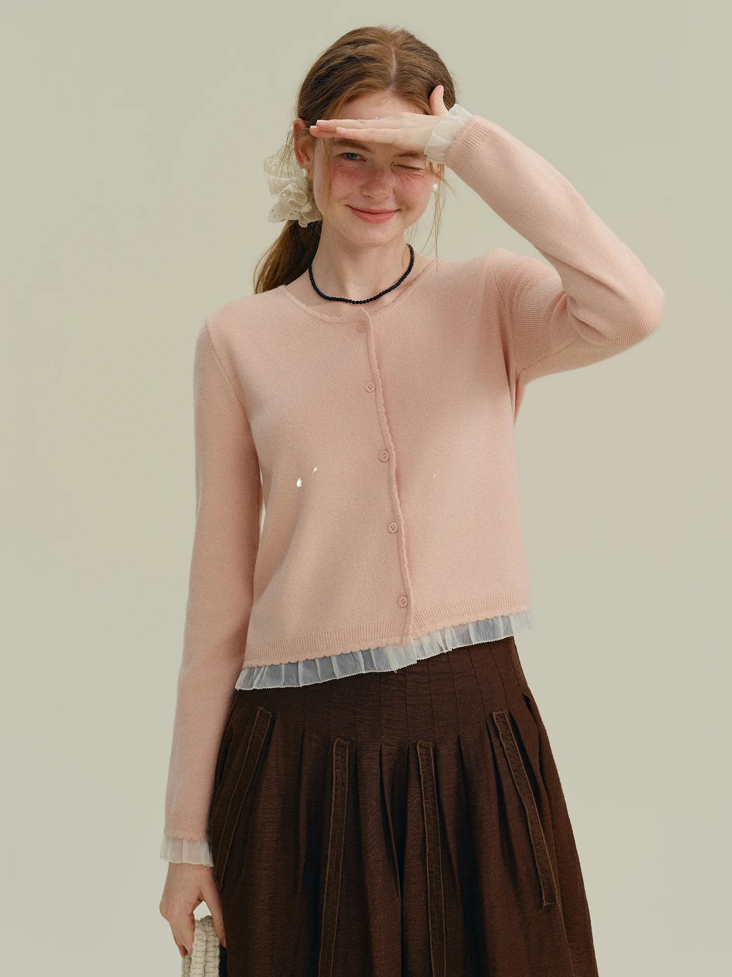 

Rina Berry Lace Trim round Neck Open Cardigan Thin Outerwear Lazy Style Knitted Sweater Casual Loose Fit Soft Long Sleeve