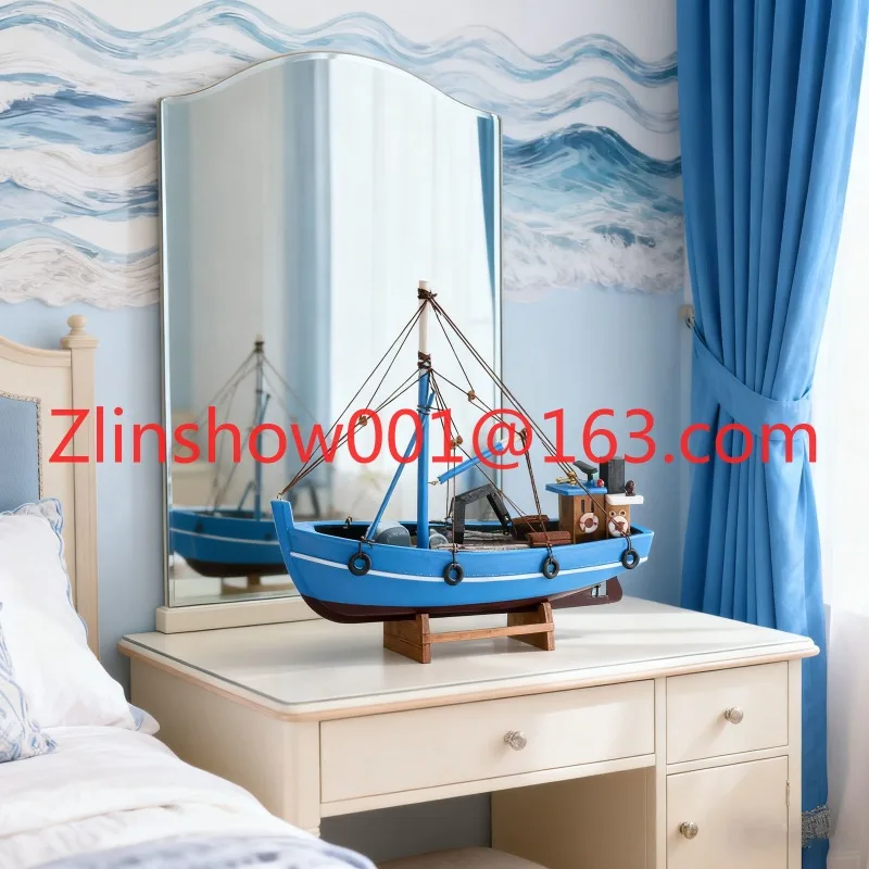 European and American solid wood craft fishing boat model living room ornament dining room scene
