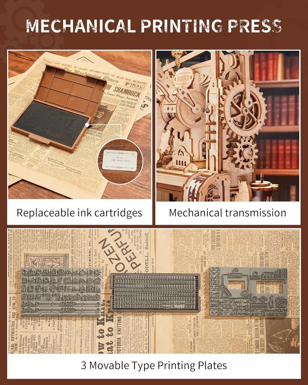 3D Wooden Mechanical Printing Press Model Kit 4