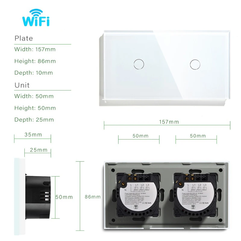 Imagem -05 - Bingoelec Interruptores de Luz Dupla Sensor Toque wi fi Interruptor de Parede Inteligente Vidro 2gang 2way Interruptor Blacklight Escuro 600w