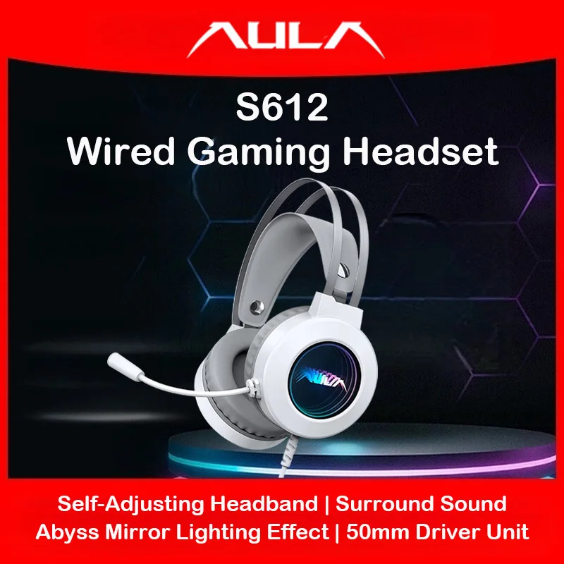 AULA S612 Over-ear Wired Gaming Headset, 7.1 Surround Sound, 50mm Driver, Colorful Rainbow Light, Flexible HD Mic For PC/Laptop